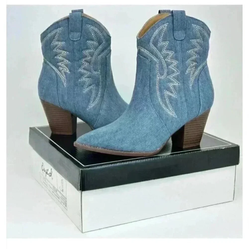 QUPID / Zane-72 / Denim / Western Ankle / Boots With Embroidered / Design & Stac